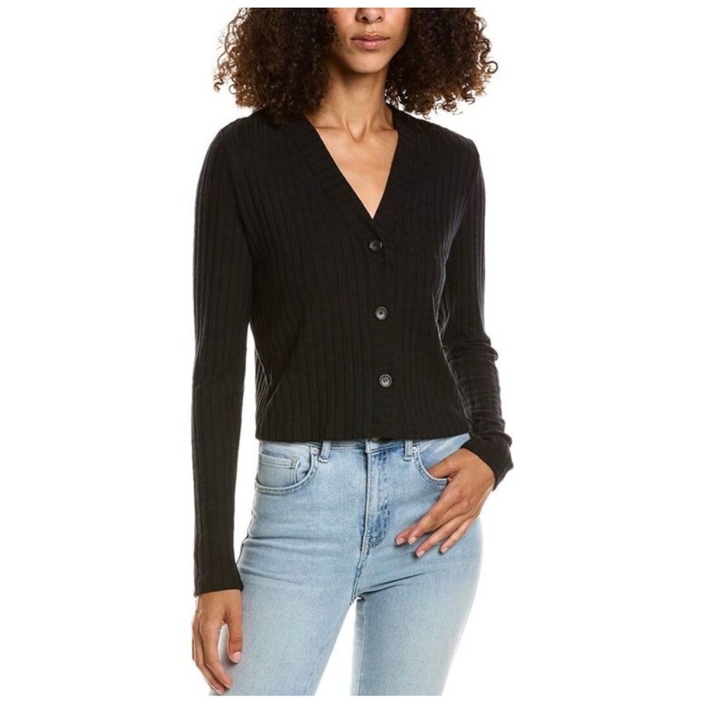NWT Michael Stars Ellis Cardigan Top Ribbed Black‎ V-Neck Cropped Sweater Large